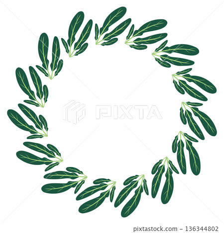 Round frame with green lettuce leaves. Hand-drawn colorful lettuce leaves, vegetables, and kitchen utensils. Healthy organic produce. Fresh, healthy vegetables. 136344802