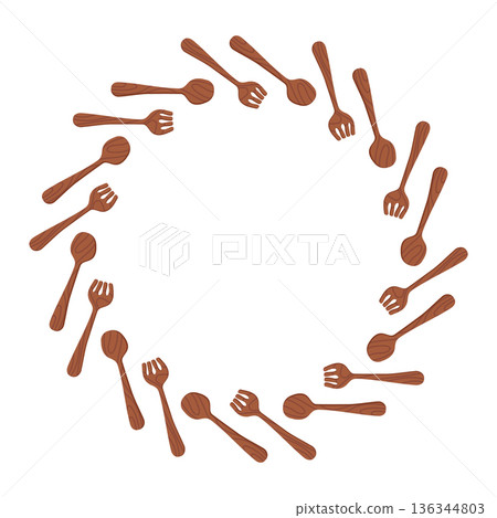 Round frame with wooden kitchen utensils. Hand-drawn colorful salad leaves, vegetables, and kitchen utensils. Healthy organic produce. Fresh, healthy vegetables. 136344803