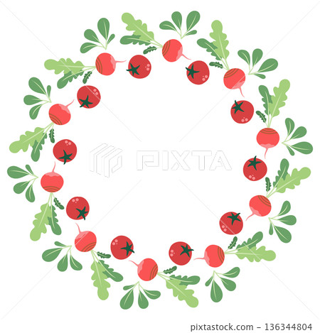 Round frame with radishes and tomatoes. Hand-drawn colorful lettuce leaves, vegetables, and kitchen utensils. Healthy organic produce. Fresh, healthy vegetables. Round frame with radishes and tomatoes. Hand-drawn colorful lettuce leaves, vegetables, and kitchen utensils. Healthy organic produce. Fresh, healthy vegetables. 136344804