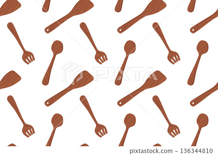 Seamless pattern with wooden kitchen utensils. Hand-drawn colorful salad leaves, vegetables, and kitchen utensils. Healthy organic produce. Fresh, healthy vegetables. Seamless pattern with wooden kitchen utensils. Hand-drawn colorful salad leaves, vegetables, and kitchen utensils. Healthy organic produce. Fresh, healthy vegetables. 136344810