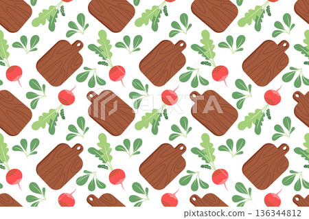 Seamless pattern with a wooden cutting board and vegetables. Hand-drawn colorful salad leaves, vegetables, and kitchen utensils. Healthy organic produce. Fresh, healthy vegetables. Seamless pattern with a wooden cutting board and vegetables. Hand-drawn colorful salad leaves, vegetables, and kitchen utensils. Healthy organic produce. Fresh, healthy vegetables. 136344812