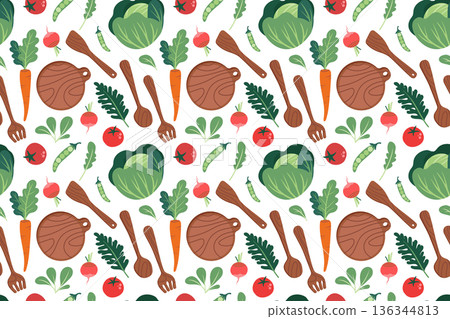 Seamless pattern with wooden kitchen utensils and vegetables. Hand-drawn colorful salad leaves, vegetables, and kitchen utensils. Healthy organic produce. Fresh, healthy vegetables. Seamless pattern with wooden kitchen utensils and vegetables. Hand-drawn colorful salad leaves, vegetables, and kitchen utensils. Healthy organic produce. Fresh, healthy vegetables. 136344813