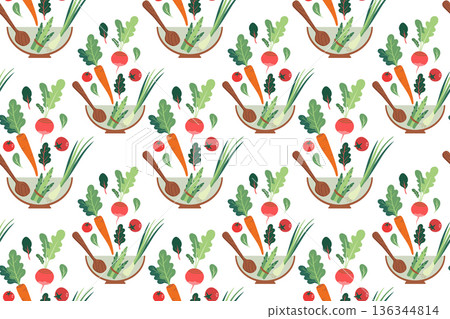 Seamless pattern with vegetables and kitchen utensils. Hand-drawn colorful salad leaves, vegetables, and kitchen utensils. Healthy organic produce. Fresh, healthy vegetables. Seamless pattern with vegetables and kitchen utensils. Hand-drawn colorful salad leaves, vegetables, and kitchen utensils. Healthy organic produce. Fresh, healthy vegetables. 136344814