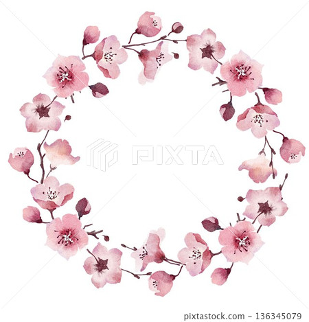 Watercolor cherry blossom wreath clip art with pink spring blooming flowers in circle shape Watercolor cherry blossom wreath clip art with pink spring blooming flowers in circle shape 136345079