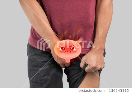 Man suffering from bladder pain and urinary tract infection with cartoon illustration 136345515