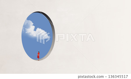 Surreal artwork woman standing inside oval sky portal. 136345517