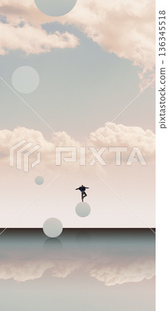 Ethereal mixed media figure balancing on abstract spheres Ethereal mixed media figure balancing on abstract spheres 136345518