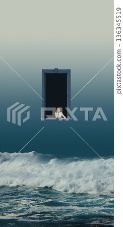 Ethereal artwork woman leaning from window above ocean waves. Ethereal artwork woman leaning from window above ocean waves. 136345519