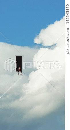 Conceptual poster man sitting in floating doorway in sky. 136345520