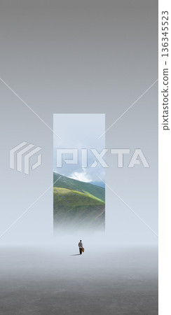 Surreal mixed media man entering landscape portal 136345523