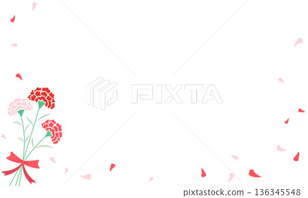 A frame of a bouquet of carnations tied with a ribbon and fluttering petals A frame of a bouquet of carnations tied with a ribbon and fluttering petals 136345548