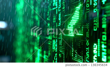 Abstract green digital data stream background representing technology, cyber security, programming, and network concepts. Ideal for tech-related projects. 136345634