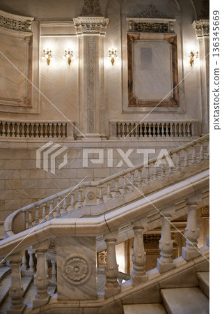 Romania, Bucharest, Palace of Parliament, staircase in the central hall Romania, Bucharest, Palace of Parliament, staircase in the central hall 136345669