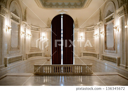 Romania, Bucharest, Palace of Parliament, staircase curtain in the central hall Romania, Bucharest, Palace of Parliament, staircase curtain in the central hall 136345672