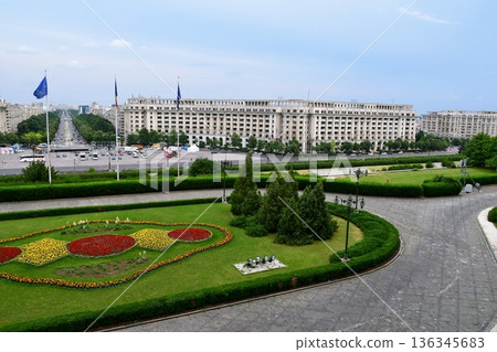 Romania, Bucharest, Palace of the Parliament, view from the front terrace, Constitution Square, Unification Avenue Romania, Bucharest, Palace of the Parliament, view from the front terrace, Constitution Square, Unification Avenue 136345683