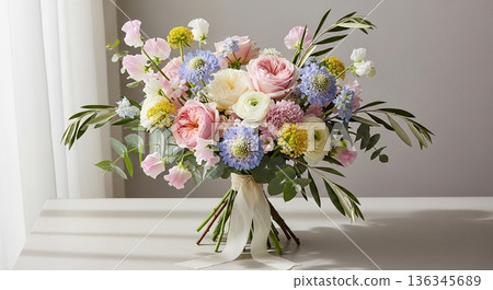 淺色混合花卉，自然光，花束 136345689