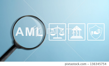 Magnifying glass over the text AML with icons for justice, banking, and financial protection. Concept of anti-money laundering regulations and fraud prevention on blue background Magnifying glass over the text AML with icons for justice, banking, and financial protection. Concept of anti-money laundering regulations and fraud prevention on blue background 136345754