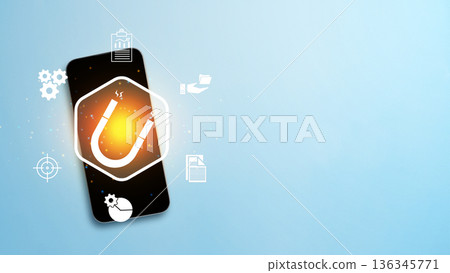 A smartphone displaying a glowing magnet icon, symbolizing lead generation and customer attraction in digital marketing, surrounded by business and strategy icons on a light blue background 136345771