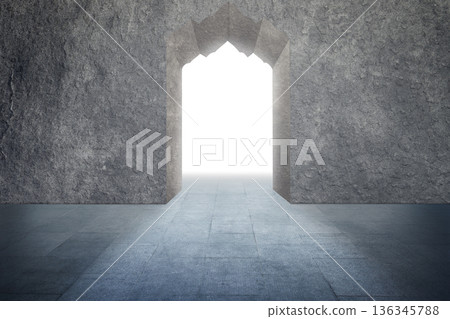 A conceptual architectural image featuring a stone wall with a decorative archway opening into a brilliant white light, symbolizing hope, a new path, or an exit A conceptual architectural image featuring a stone wall with a decorative archway opening into a brilliant white light, symbolizing hope, a new path, or an exit 136345788