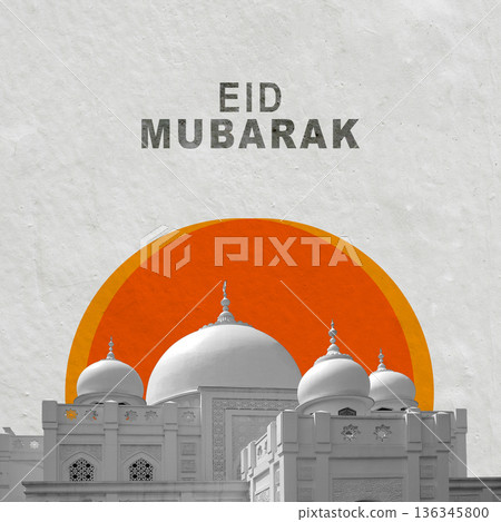 A contemporary and minimalist graphic illustration featuring a mosque building silhouetted against an orange sun, designed for Eid Mubarak celebrations. Eid al-Fitr or Islamic background A contemporary and minimalist graphic illustration featuring a mosque building silhouetted against an orange sun, designed for Eid Mubarak celebrations. Eid al-Fitr or Islamic background 136345800