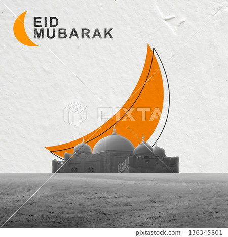 Eid Mubarak celebration message with a stylized mosque silhouette and a crescent moon shape. Designed for Eid Mubarak celebrations. Eid al-Fitr or Islamic background Eid Mubarak celebration message with a stylized mosque silhouette and a crescent moon shape. Designed for Eid Mubarak celebrations. Eid al-Fitr or Islamic background 136345801