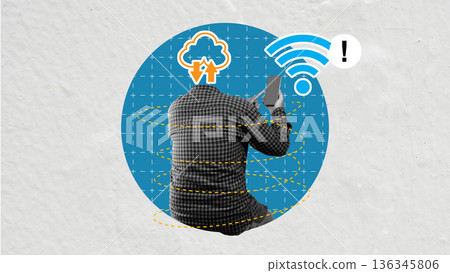 Modern digital collage of a man using a smartphone, facing issues with Wi-Fi connection and cloud data synchronization, set against a textured blue and white background Modern digital collage of a man using a smartphone, facing issues with Wi-Fi connection and cloud data synchronization, set against a textured blue and white background 136345806