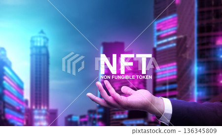 A businessman's hand reaching for a glowing NFT logo against a blurred, futuristic neon cityscape background, symbolizing digital assets and blockchain technology A businessman's hand reaching for a glowing NFT logo against a blurred, futuristic neon cityscape background, symbolizing digital assets and blockchain technology 136345809
