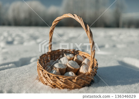 Basket with ice creams lying on snow during winter Basket with ice creams lying on snow during winter 136346029