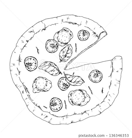 Black and white vector illustration of pizza with tomato slices and basil leaves. Hand drawn vegetarian food in ink line art style for restaurant menus, packaging, concepts and cuisine related designs Black and white vector illustration of pizza with tomato slices and basil leaves. Hand drawn vegetarian food in ink line art style for restaurant menus, packaging, concepts and cuisine related designs 136346353