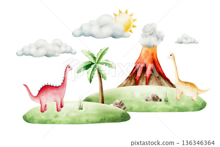 Scene with dinosaurs, volcano eruption, palm tree, sun and clouds. Watercolor hand drawn prehistoric triceratops, diplodocus, Spinosaurus, Brachiosaurus animal. Isolated illustration on transparent 136346364