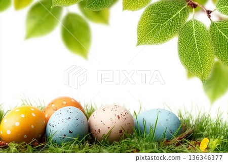 A collection of painted easter eggs under bright green tree leaves celebrating a Happy Easter in spring with green short meadow grass against an isolated white background. A collection of painted easter eggs under bright green tree leaves celebrating a Happy Easter in spring with green short meadow grass against an isolated white background. 136346377