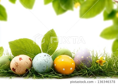 A collection of painted easter eggs under bright green tree leaves celebrating a Happy Easter in spring with green short meadow grass against an isolated white background. A collection of painted easter eggs under bright green tree leaves celebrating a Happy Easter in spring with green short meadow grass against an isolated white background. 136346378