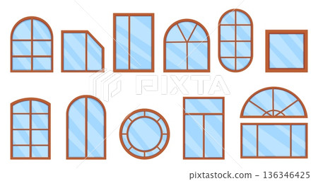Cartoon windows. Wooden window frames, brown plastic frame. House apartment office repair elements, facade kit. Architectural design with glass, nowaday vector clipart Cartoon windows. Wooden window frames, brown plastic frame. House apartment office repair elements, facade kit. Architectural design with glass, nowaday vector clipart 136346425
