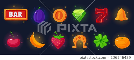 Slot machine cartoon icons. Casino lucky symbols, gambling cartoon shiny elements. Mobile online games, luck. Golden coin, fruits, clover, diamond, nowaday vector clipart Slot machine cartoon icons. Casino lucky symbols, gambling cartoon shiny elements. Mobile online games, luck. Golden coin, fruits, clover, diamond, nowaday vector clipart 136346429