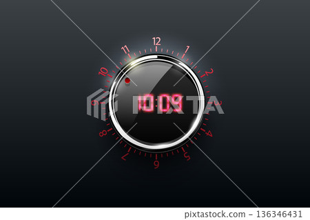 Black glossy interface button time control with glass reflect and shadow. Vector illustration. Clock icon, timer knob with scale, red scoreboard on black background. Electronic time dial red light Black glossy interface button time control with glass reflect and shadow. Vector illustration. Clock icon, timer knob with scale, red scoreboard on black background. Electronic time dial red light 136346431