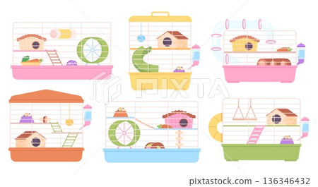 Cages for hamsters. Hamster cage, cartoon feeders, water bottles, wooden houses. Pet shop accessories for rodents, rat mouse guinea pig, racy vector set 136346432