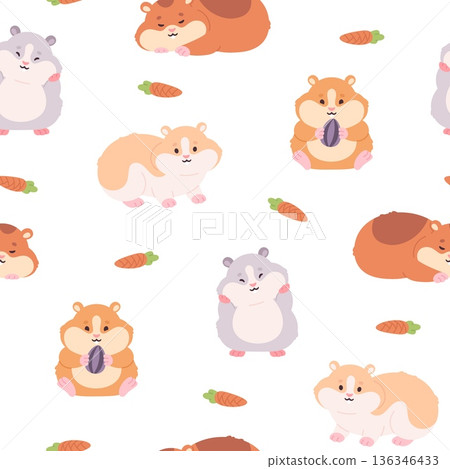 Hamsters seamless pattern. Funny fluffy hamster, seed and carrot. Decorative print with rodents for fabric, textile, wallpaper. Cartoon racy vector background 136346433