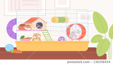 Fluffy hamsters in cage. Hamster home with food, plastic wheel, tube. Cute rodents sitting, sleeping, eating. House accessories for pets, racy vector scene 136346434