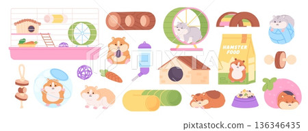 Hamster tools. Fluffy cartoon hamsters and accessories. Cage, wooden tunnel and bridge, plastic tube, wheel and sphere. Rodent toys and food racy vector clipart 136346435