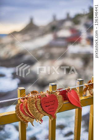 Heart-shaped prayer plaques at Haedong Yonggungsa Buddhist temple in Gijang-gun, Busan, South Korea Heart-shaped prayer plaques at Haedong Yonggungsa Buddhist temple in Gijang-gun, Busan, South Korea 136346441