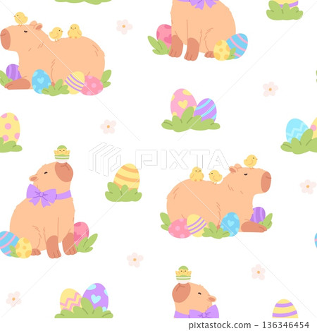 Easter capybara seamless pattern. Cute children capybaras characters, spring animal and decorations. Print for fabric, textile, wrapping, racy vector background Easter capybara seamless pattern. Cute children capybaras characters, spring animal and decorations. Print for fabric, textile, wrapping, racy vector background 136346454