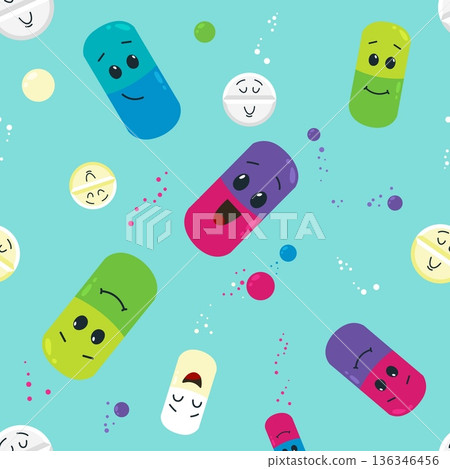 Pills characters seamless pattern. Bright capsules, vitamins or antibiotics, aspirin. Medicines print for fabric, wallpaper, wrapping, classy vector background 136346456