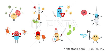 Pills vs bacterias. Medicines fighting with viruses diseases flu infections. Cartoon battles for health, children hospital scenes, classy vector set Pills vs bacterias. Medicines fighting with viruses diseases flu infections. Cartoon battles for health, children hospital scenes, classy vector set 136346457
