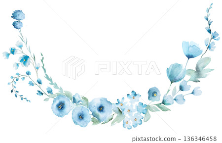 Bouquet with Watercolor light blue and turquoise flowers and leaves, pastel wedding isolated illustration 136346458