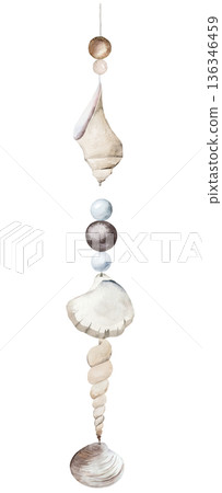 Vertical watercolor seashell garland with beads on string, coastal boho wedding illustration Vertical watercolor seashell garland with beads on string, coastal boho wedding illustration 136346459