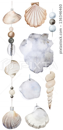Vertical watercolor seashell garland with beads on string, coastal boho wedding illustration 136346460