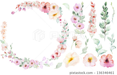 Round watercolor floral frame with pastel flowers and green leaves, delicate hand painted illustration 136346461