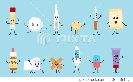 Cartoon medicine characters. Cute pills, bandage, cotton wool, syringe and wound plasters. Funny children mascots, hospital, doctor elements, classy vector set 136346462