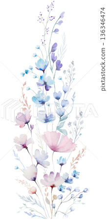 Hand drawn watercolor pastel wildflowers bouquet for wedding and baby shower stationery 136346474