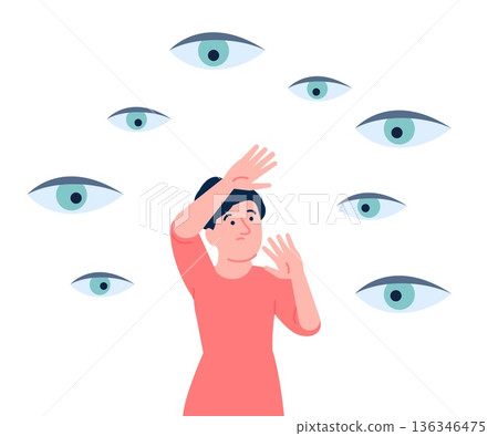 Panic from invisible eyes around. Young woman feeling public attitude, inner fear and stress. Different eye looking, female ashamed, nervous recent vector scene Panic from invisible eyes around. Young woman feeling public attitude, inner fear and stress. Different eye looking, female ashamed, nervous recent vector scene 136346475